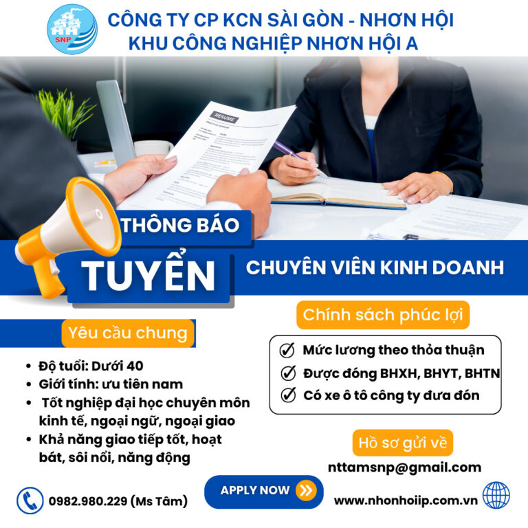 Công ty CP KCN Sài Gòn - Nhơn Hội tuyển dụng chuyên viên kinh doanh
