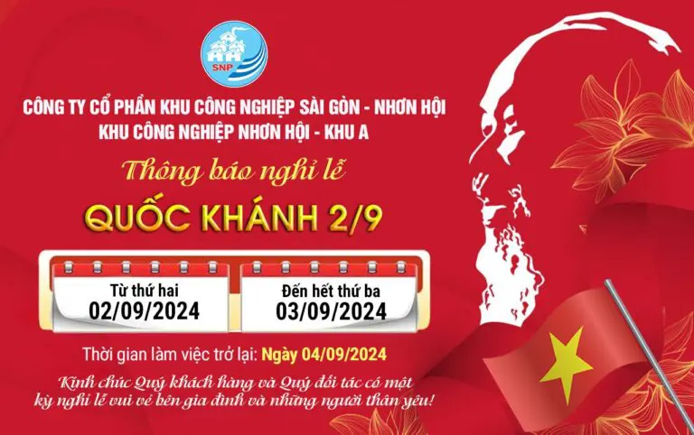 Công ty CP KCN Sài Gòn Nhơn Hội thông báo lịch nghỉ lễ 2/9