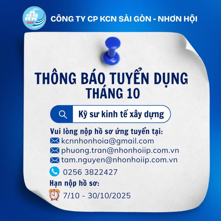 Công ty CP KCN Sài Gòn - Nhơn Hội tuyển dụng Tháng 10.2025