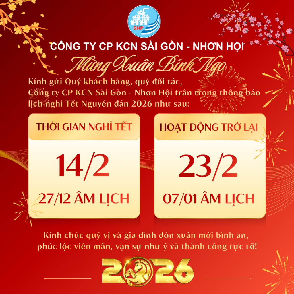 Công ty CP KCN Sài Gòn - Nhơn Hội thông báo lịch nghỉ Tết Nguyên đán 2026